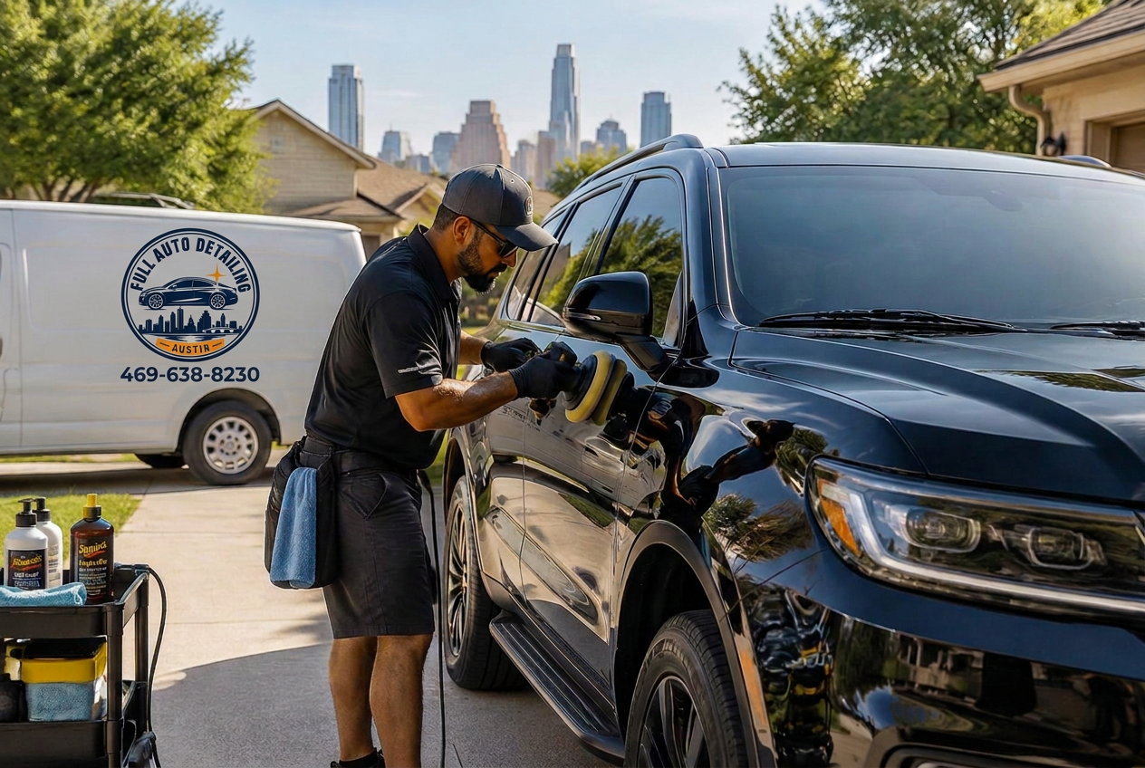 Technician polishing an SUV in an Austin driveway